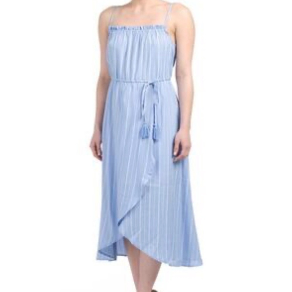 Morrisday The Label Blue White Striped Tassel Tie‎ Wrap Midi Dress XL AUS 16